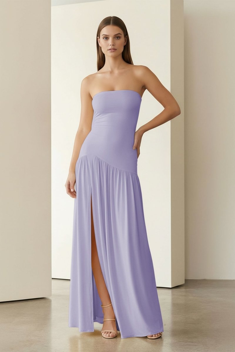 Dorvella | Yellow - Strapless Sheath Pleated Long Prom Dresses With Slit - KissProm