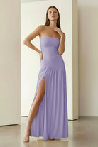 KissProm - Dorvella - Lavender - Strapless Sheath Pleated Long Prom Dresses With Slit