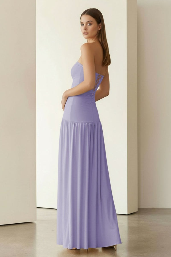 Dorvella | Yellow - Strapless Sheath Pleated Long Prom Dresses With Slit - KissProm