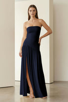 KissProm - Dorvella - Navy Blue - Strapless Sheath Pleated Long Prom Dresses With Slit