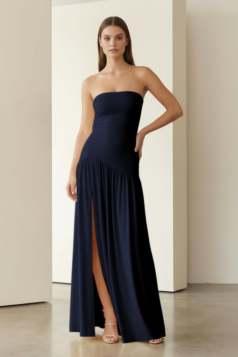 Dorvella | Navy Blue - Strapless Sheath Pleated Long Prom Dresses With Slit - KissProm