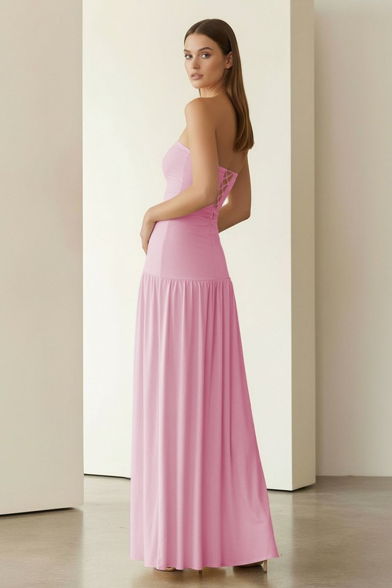 Dorvella | Yellow - Strapless Sheath Pleated Long Prom Dresses With Slit - KissProm