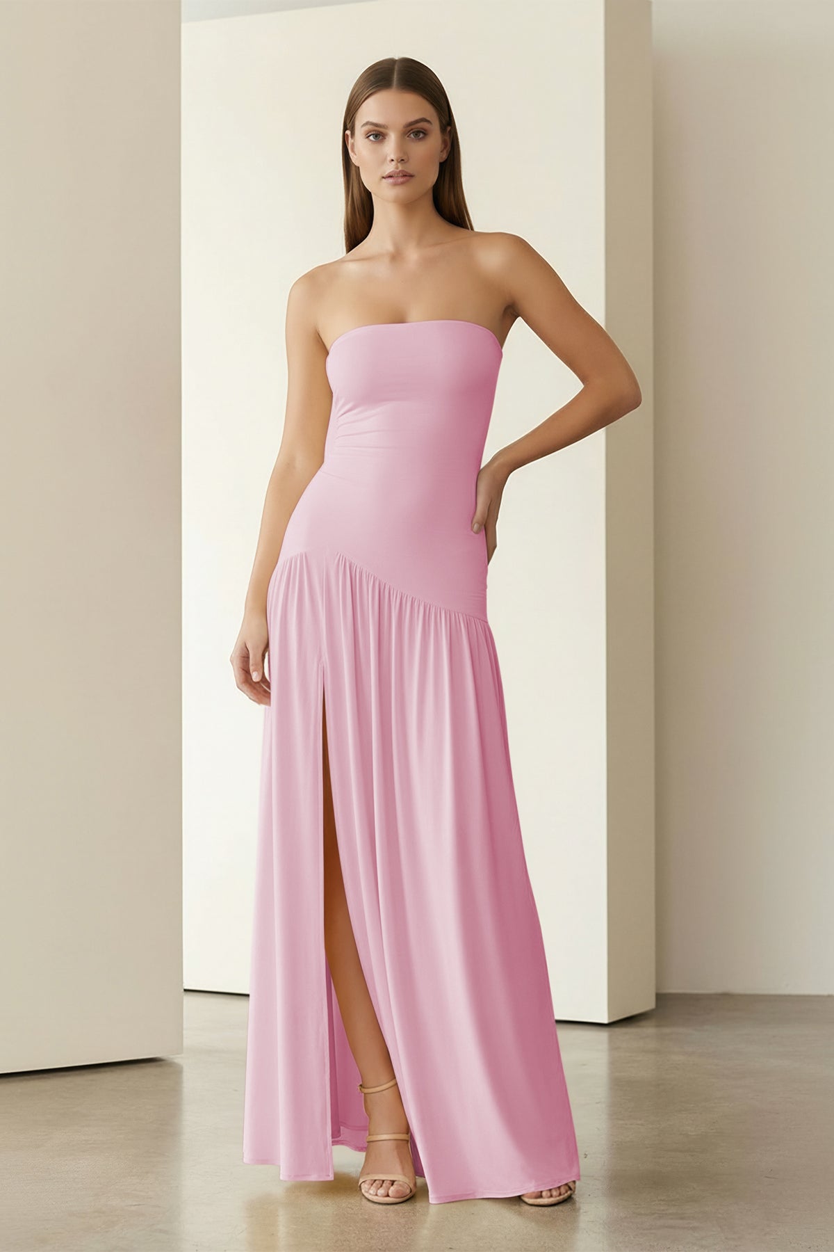 KissProm - Dorvella - Pink - Strapless Sheath Pleated Long Prom Dresses With Slit