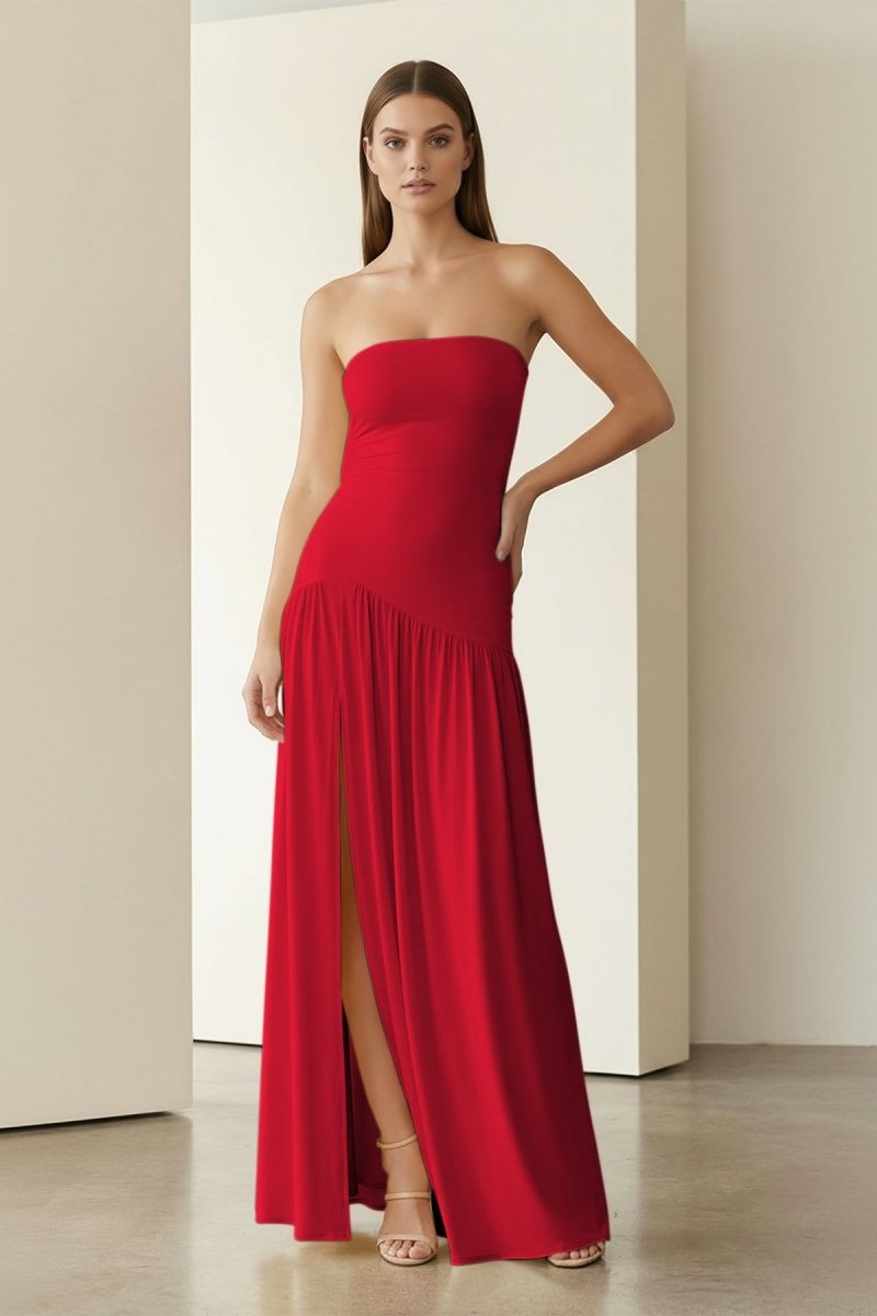 Dorvella | Yellow - Strapless Sheath Pleated Long Prom Dresses With Slit - KissProm