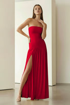 KissProm - Dorvella - Red - Strapless Sheath Pleated Long Prom Dresses With Slit