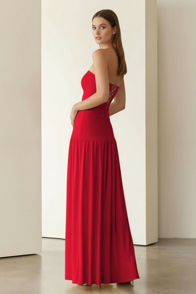 Dorvella | Yellow - Strapless Sheath Pleated Long Prom Dresses With Slit - KissProm