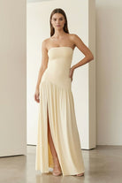 KissProm - Dorvella - Yellow - Strapless Sheath Pleated Long Prom Dresses With Slit