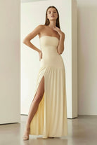 KissProm - Dorvella - Yellow - Strapless Sheath Pleated Long Prom Dresses With Slit