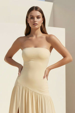 KissProm - Dorvella - Yellow - Strapless Sheath Pleated Long Prom Dresses With Slit