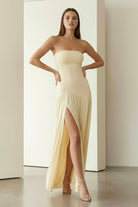 KissProm - Dorvella - Yellow - Strapless Sheath Pleated Long Prom Dresses With Slit