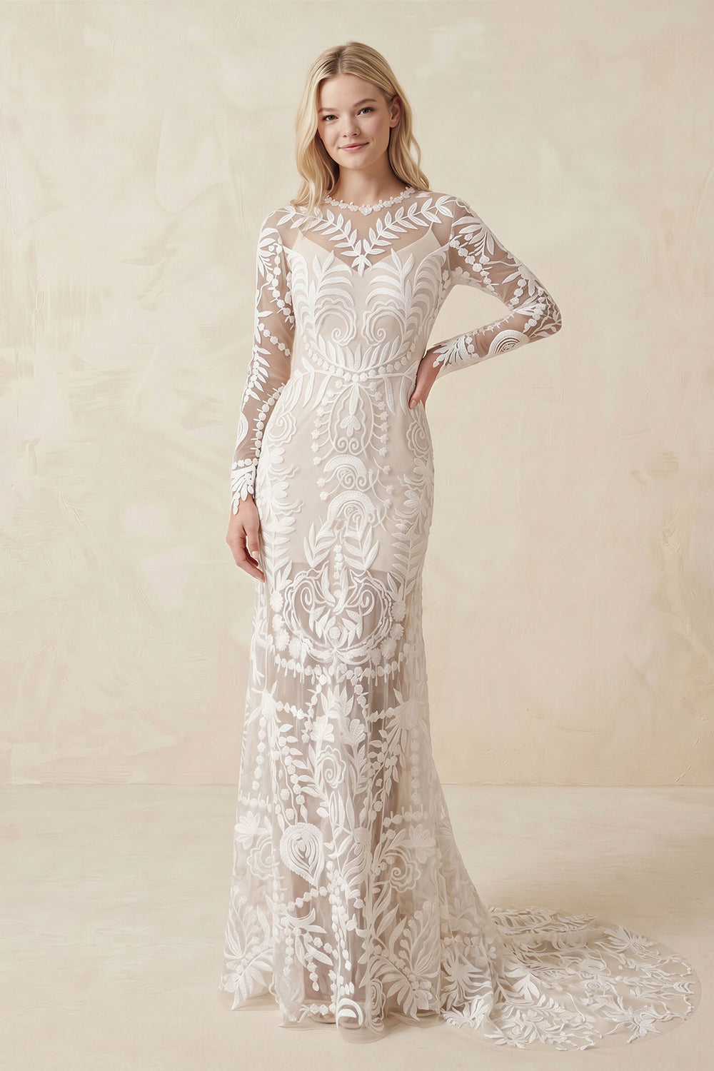 Lace Appliques Long Sleeves Mermaid Long Wedding Dresses-KissProm