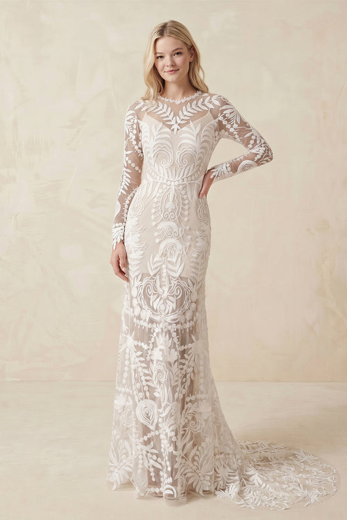 Lace Appliques Long Sleeves Mermaid Long Wedding Dresses-KissProm