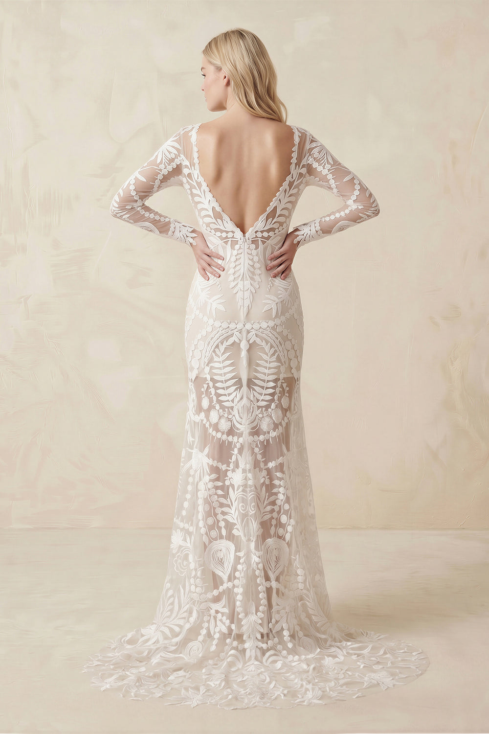 Lace Appliques Long Sleeves Mermaid Long Wedding Dresses-KissProm