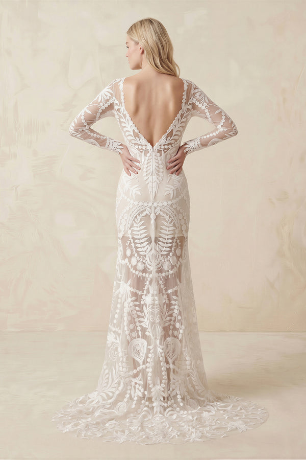 Lace Appliques Long Sleeves Mermaid Long Wedding Dresses-KissProm