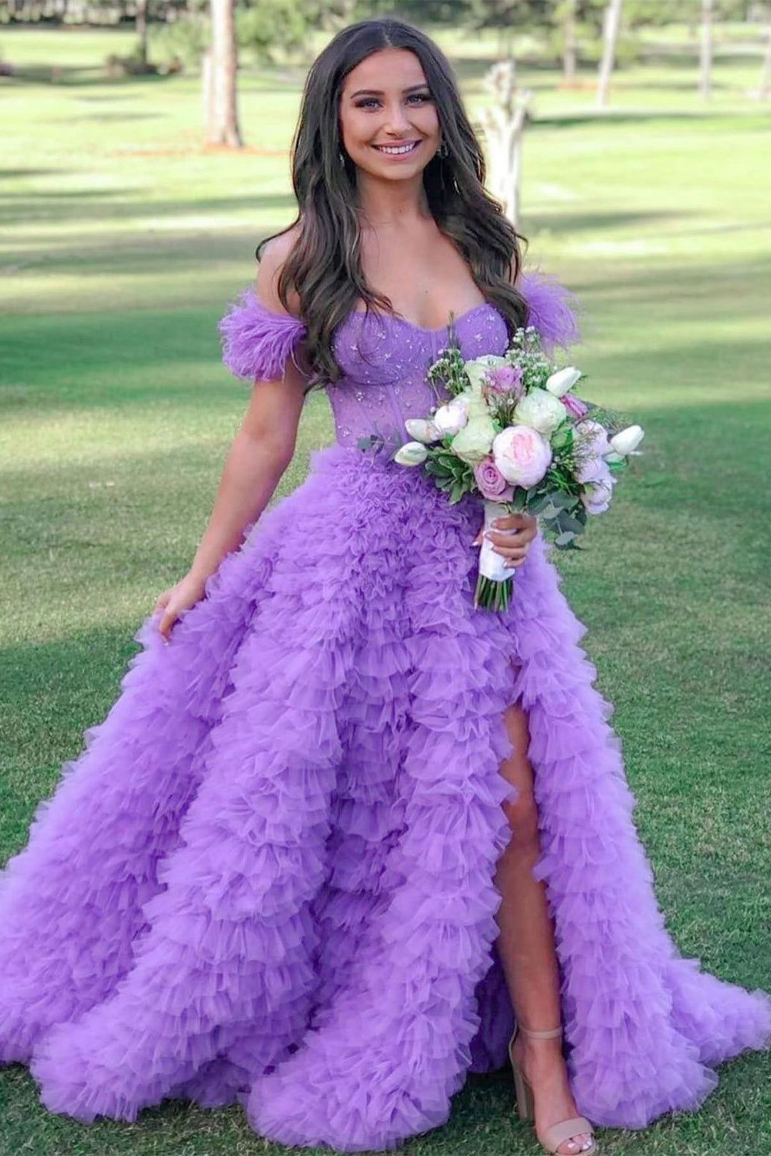 Ingrid |A Line Sweetheart Tiered Tulle Long Prom Dress With Slit