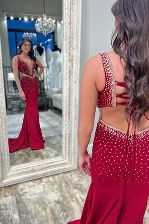 Katelyn |Mermaid V-Neck Beaded Jersey Prom Dress with Beading