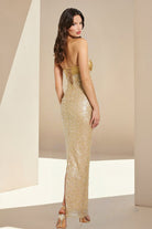 KissProm-Drisella Gold Strapless Mermaid Sequined Pleated Long Prom Dresses With Pearls