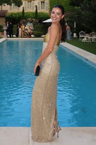 KissProm-Drisella Gold Strapless Mermaid Sequined Pleated Long Prom Dresses With Pearls