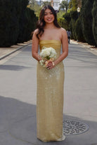 KissProm-Drisella Gold Strapless Mermaid Sequined Pleated Long Prom Dresses With Pearls