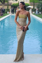 KissProm-Drisella Gold Strapless Mermaid Sequined Pleated Long Prom Dresses With Pearls