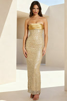 KissProm-Drisella Gold Strapless Mermaid Sequined Pleated Long Prom Dresses With Pearls