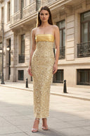 Gold - Strapless Mermaid Sequined Pleated Long Prom Dresses With Pearls - KissProm