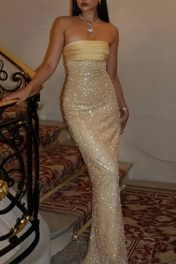 KissProm-Drisella Gold Strapless Mermaid Sequined Pleated Long Prom Dresses With Pearls