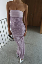KissProm-Drisella Lilac Strapless Mermaid Sequined Pleated Long Prom Dresses With Pearls
