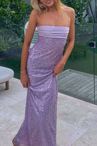 KissProm-Drisella Lilac Strapless Mermaid Sequined Pleated Long Prom Dresses With Pearls
