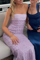 KissProm-Drisella Lilac Strapless Mermaid Sequined Pleated Long Prom Dresses With Pearls