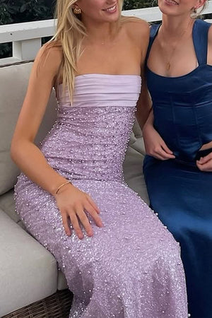 KissProm-Drisella Lilac Strapless Mermaid Sequined Pleated Long Prom Dresses With Pearls