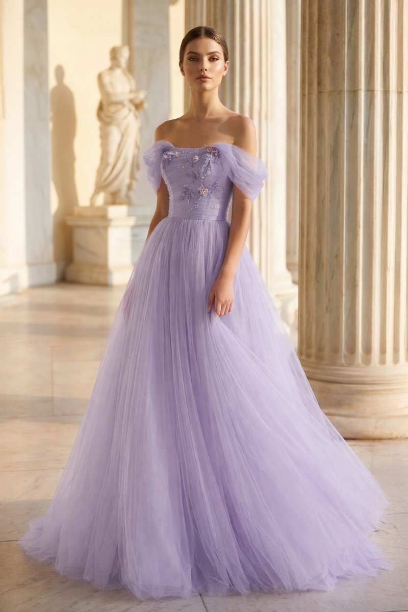 Princess Off the Shoulder Embroidering Tulle Sage Ball Gown