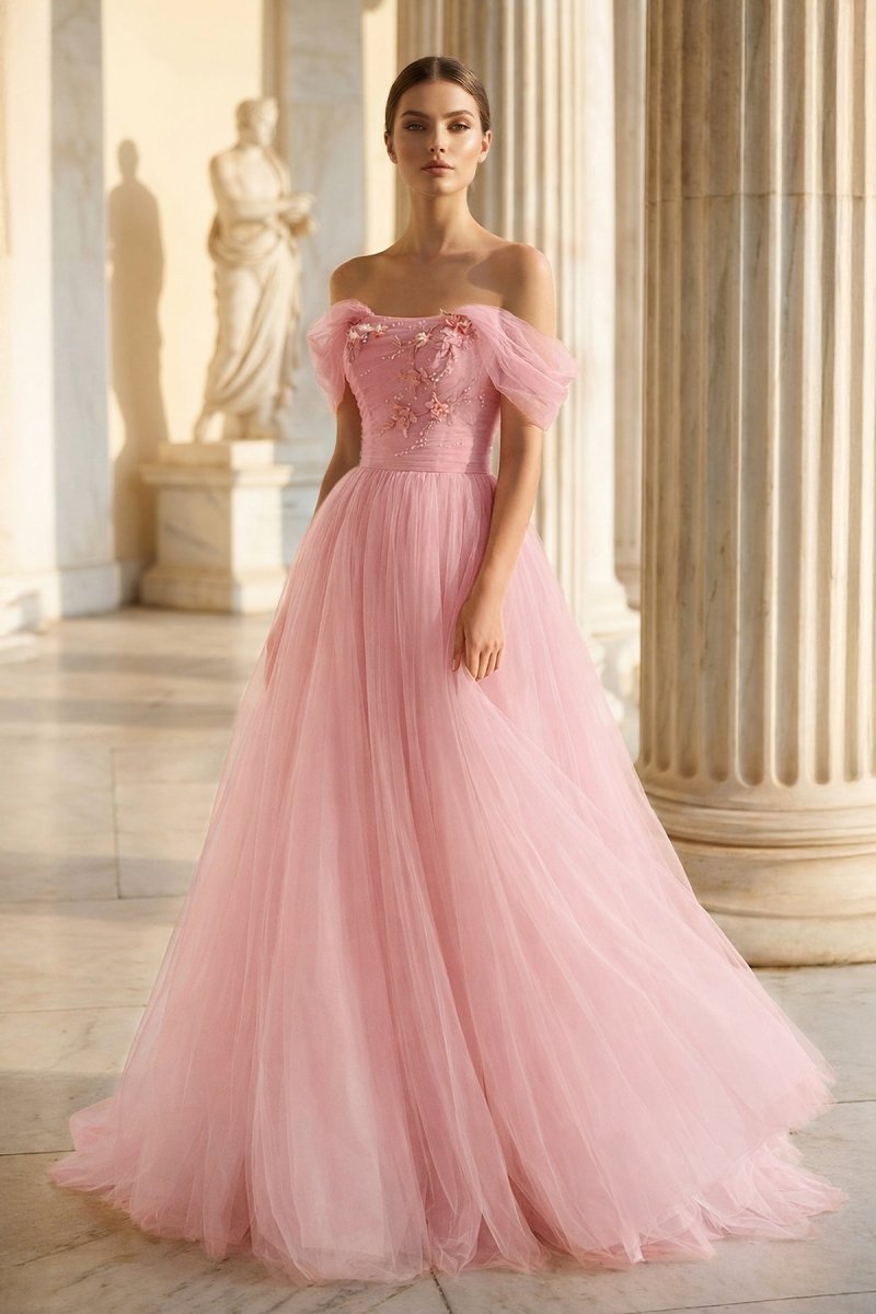 Princess Off the Shoulder Embroidering Tulle Sage Ball Gown - KissProm