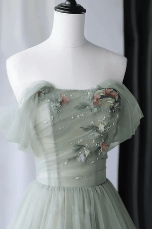 Drusilla | Princess Off the Shoulder Embroidering Tulle Sage Ball Gown