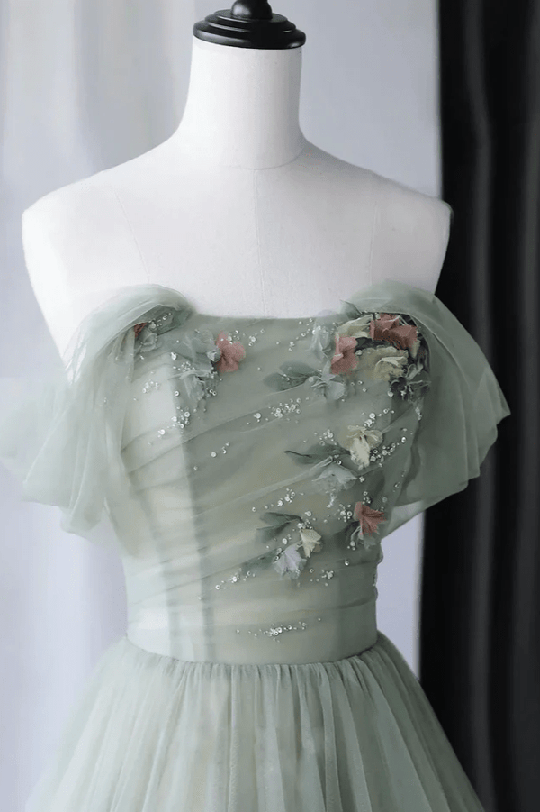 Drusilla | Princess Off the Shoulder Embroidering Tulle Sage Ball Gown