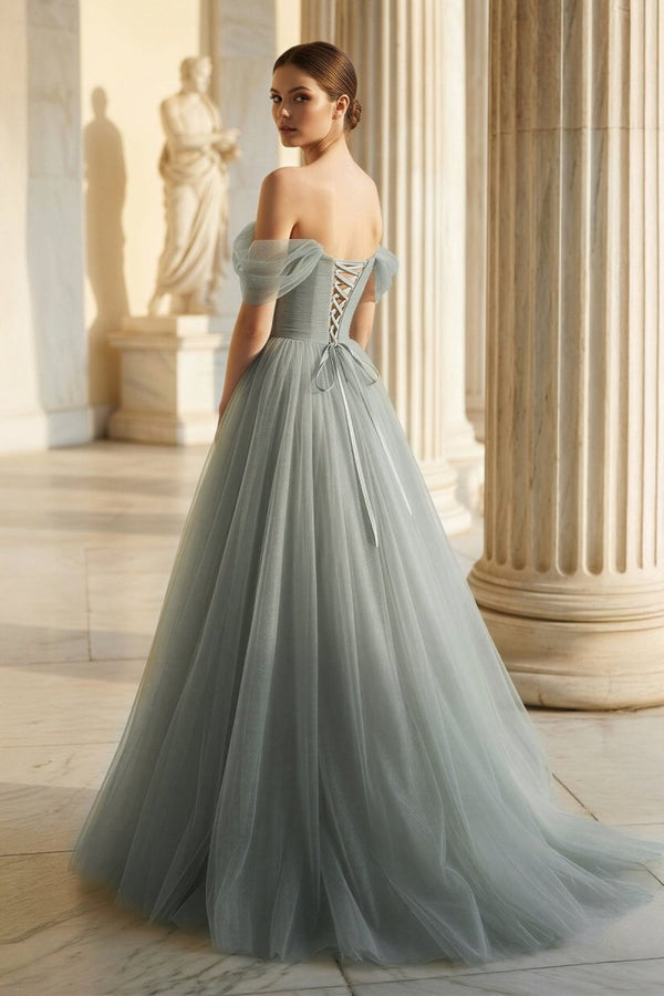 Princess Off the Shoulder Embroidering Tulle Sage Ball Gown - KissProm