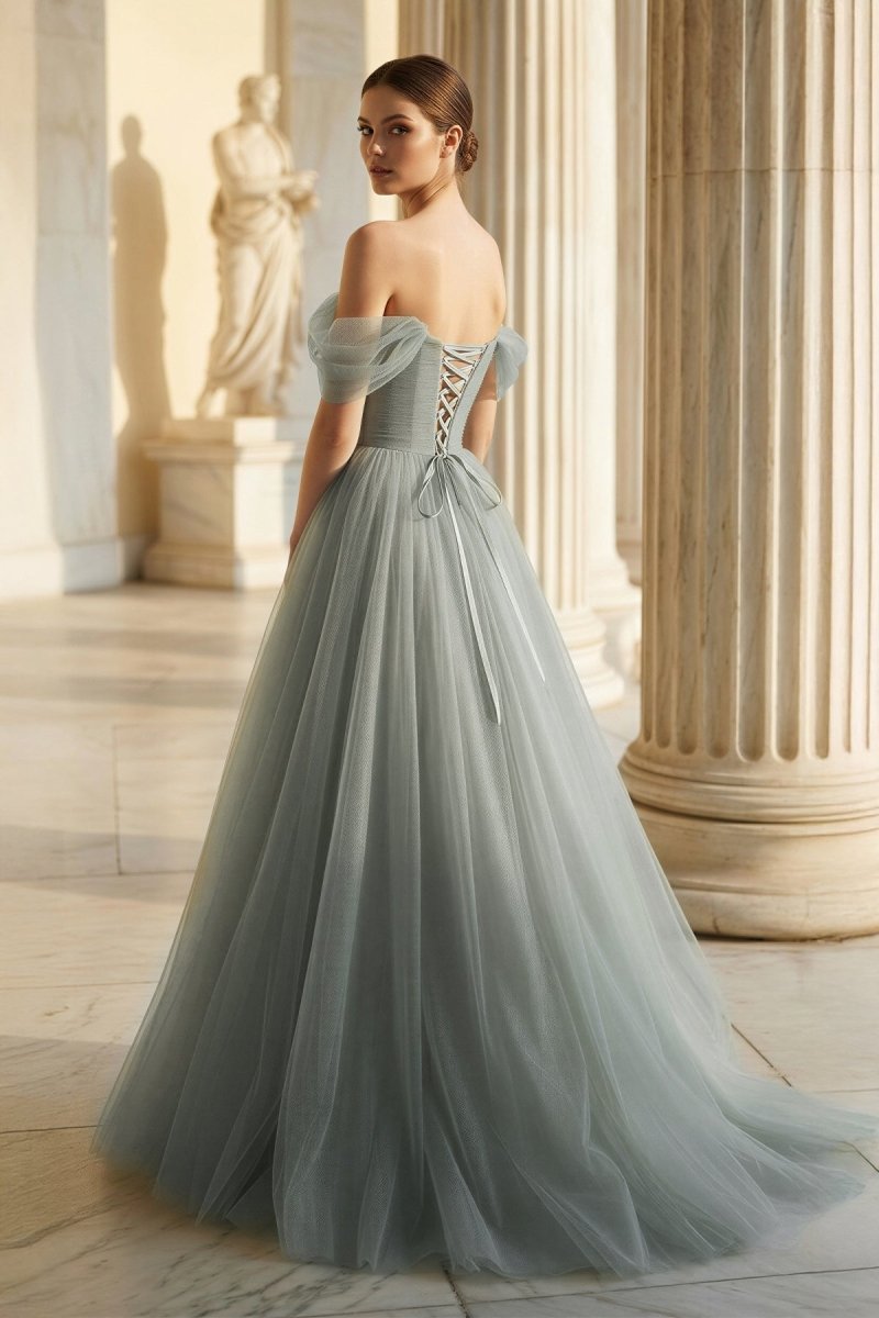 KissProm Princess Off the Shoulder Embroidering Tulle Sage Ball Gown, Lavender / 00