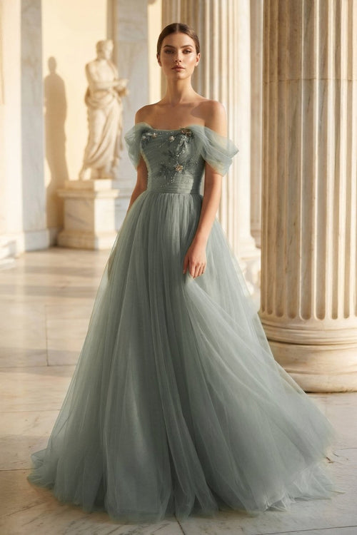 Princess Off the Shoulder Embroidering Tulle Sage Ball Gown - KissProm