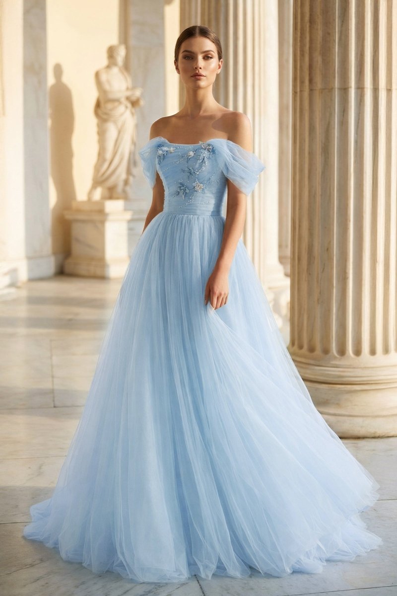 Princess Off the Shoulder Embroidering Tulle Sky Blue Ball Gown – Prom Dresses by KissProm | Available at KissProm
