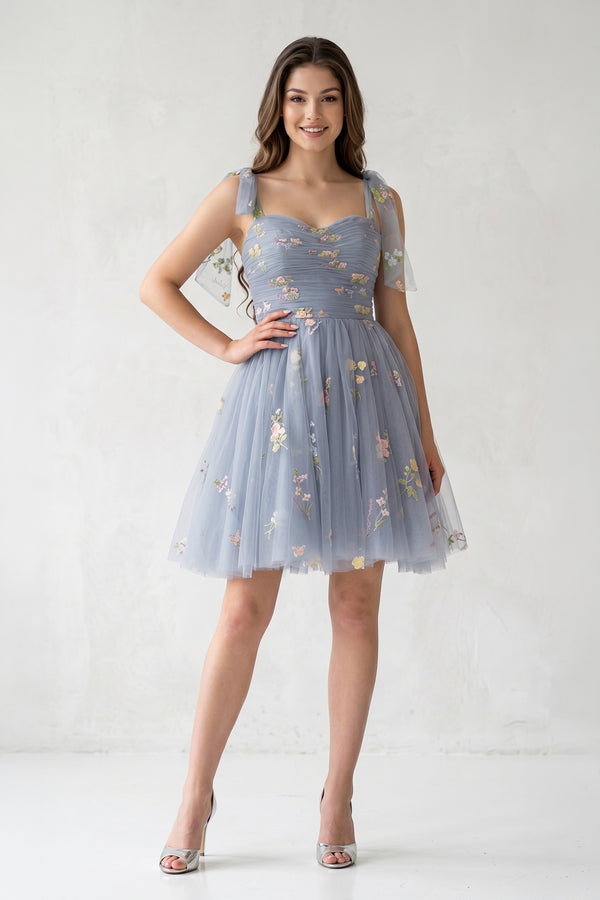 A Line Sweetheart Tulle Floral Short Homecoming Dress - KissProm