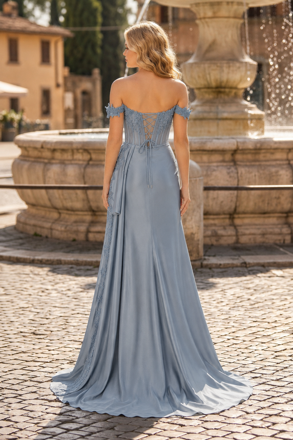 Off the Shoulder Satin Beaded Prom Dress With Appliques