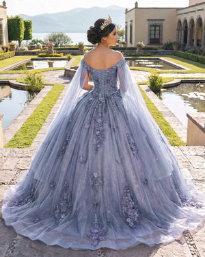 Dusty Blue Long Sleeves 3D Flowers Quinceanera Dresses Appliqued (2) | KISSPROM