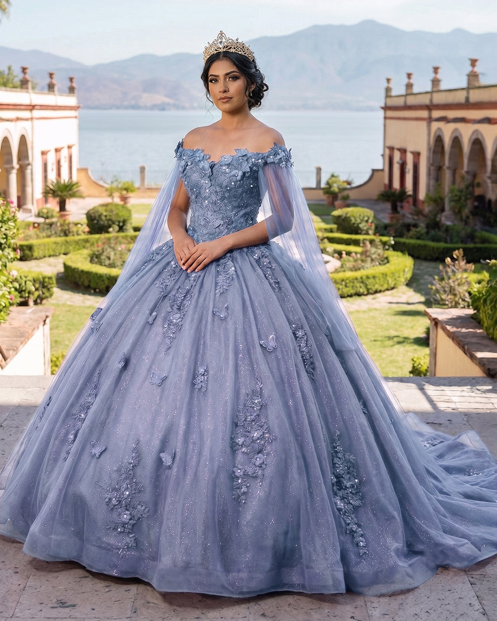 Dusty Blue Long Sleeves 3D Flowers Quinceanera Dresses Appliqued | KISSPROM