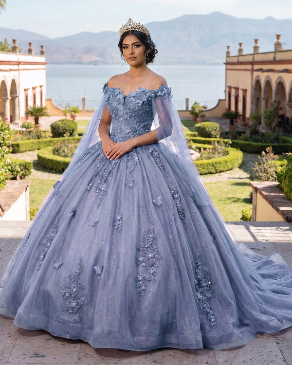 Dusty Blue Long Sleeves 3D Flowers Quinceanera Dresses Appliqued | KISSPROM