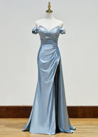 KissProm-Adelaide Dusty Blue Mermaid Satin Long Prom Dress With Slit