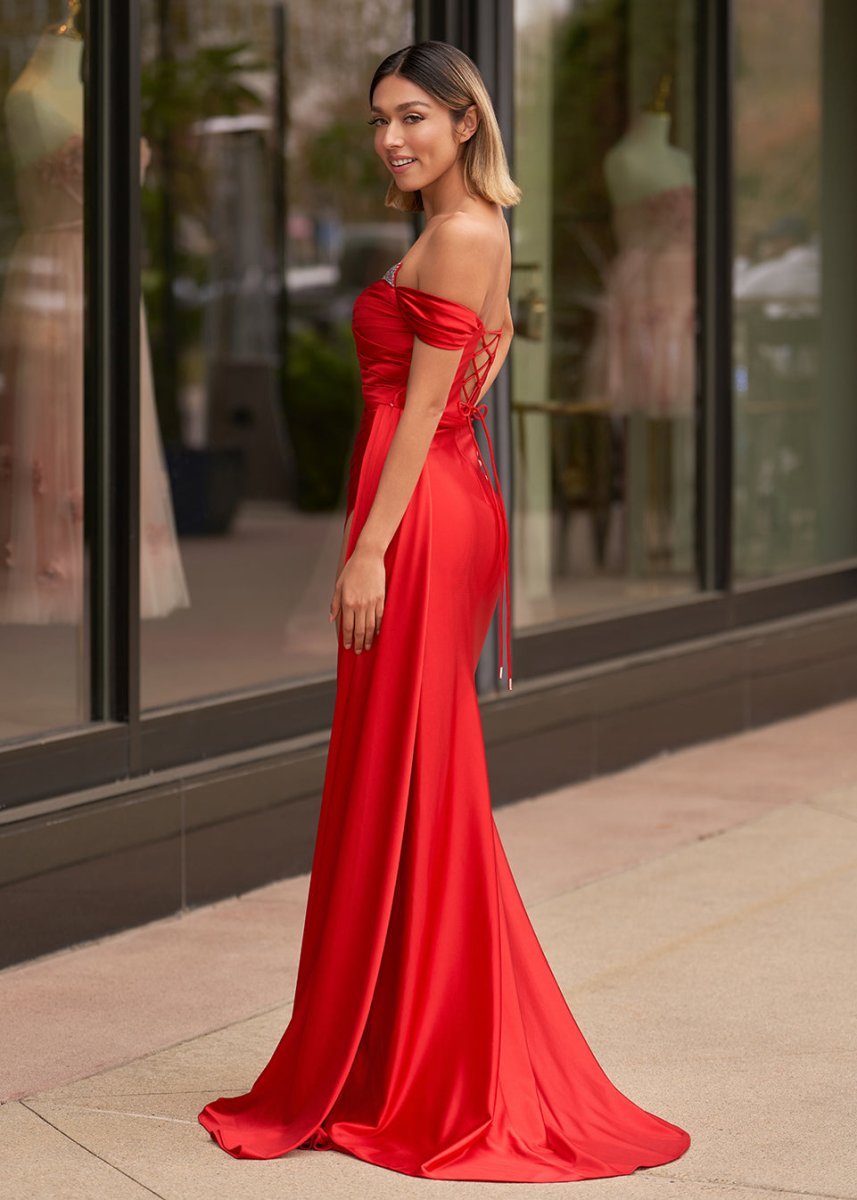 KissProm-Adelaide Red Mermaid Satin Long Prom Dress With Slit