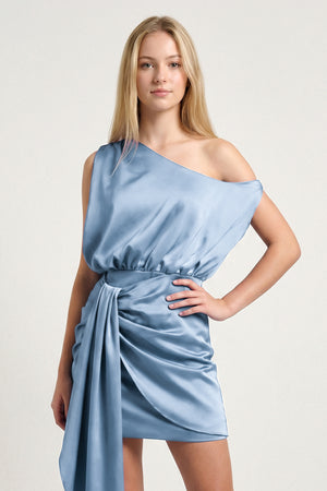 Dusty Blue Sheath One Shoulder Satin Homecoming Dresses with Drape | KISSPROM