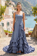 Dusty Blue Spaghetti Straps A Line Lace-Up Ruffle Tiered Prom Dress with Slit | KISSPROM
