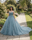 Dusty Blue Sweetheart Ball Gown Quinceanera Dress With 3D Flowers, Dusty Blue / 22 Dusty Blue Sweetheart Ball Gown Quinceanera Dress With 3D Flowers, Dusty Blue / 22