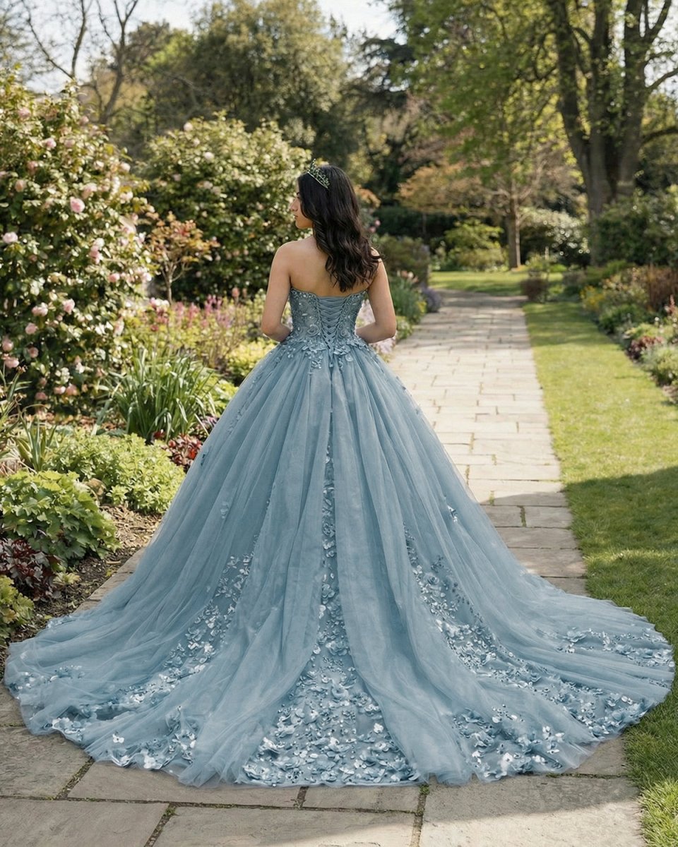 Dusty Blue Sweetheart Ball Gown Quinceanera Dress With 3D Flowers Dusty Blue / 22